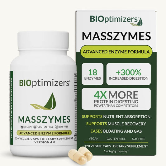 BIOptimizers MassZymes - Complete Digestive Enzymes Supplement for Gut Health - Bloating Relief for Men and Women - Lipase Amylase Bromelain Digestive Enzymes (120 Capsules) BIOptimizers®