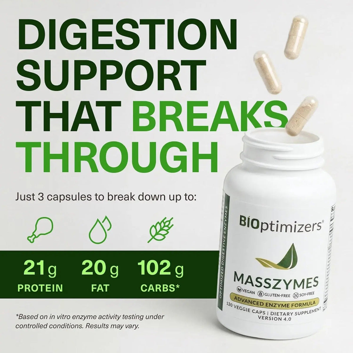 BIOptimizers MassZymes - Complete Digestive Enzymes Supplement for Gut Health - Bloating Relief for Men and Women - Lipase Amylase Bromelain Digestive Enzymes (120 Capsules) BIOptimizers®