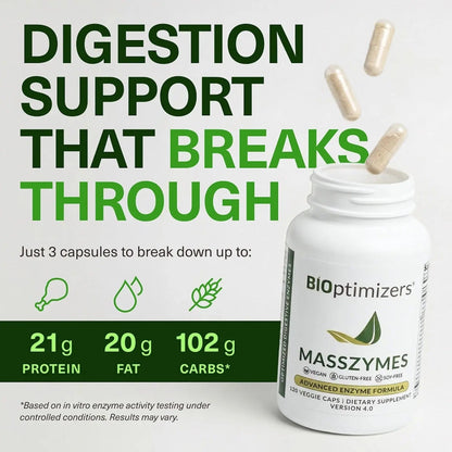 BIOptimizers MassZymes - Complete Digestive Enzymes Supplement for Gut Health - Bloating Relief for Men and Women - Lipase Amylase Bromelain Digestive Enzymes (120 Capsules) BIOptimizers®