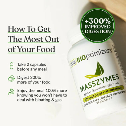 BIOptimizers MassZymes - Complete Digestive Enzymes Supplement for Gut Health - Bloating Relief for Men and Women - Lipase Amylase Bromelain Digestive Enzymes (120 Capsules) BIOptimizers®